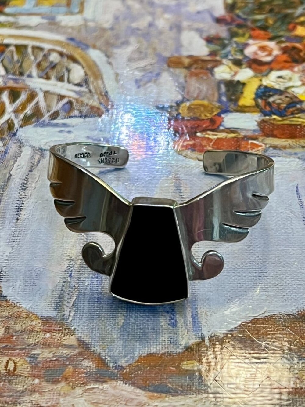 Black Onyx Sterling 925 Bracelet Mexico Thunderbird Cuff *RARE*